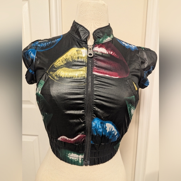 MISS SIXTY 1990s Sharlene Iconic Lips Print Crop Zip Top Vest Gilet - Picture 5 of 12